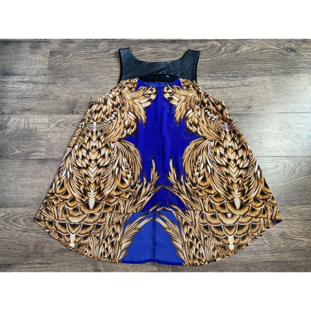 Womens Nicole By Nicole Miller Faux Leather Cut Out Neck Peacock Print Tank SZ L